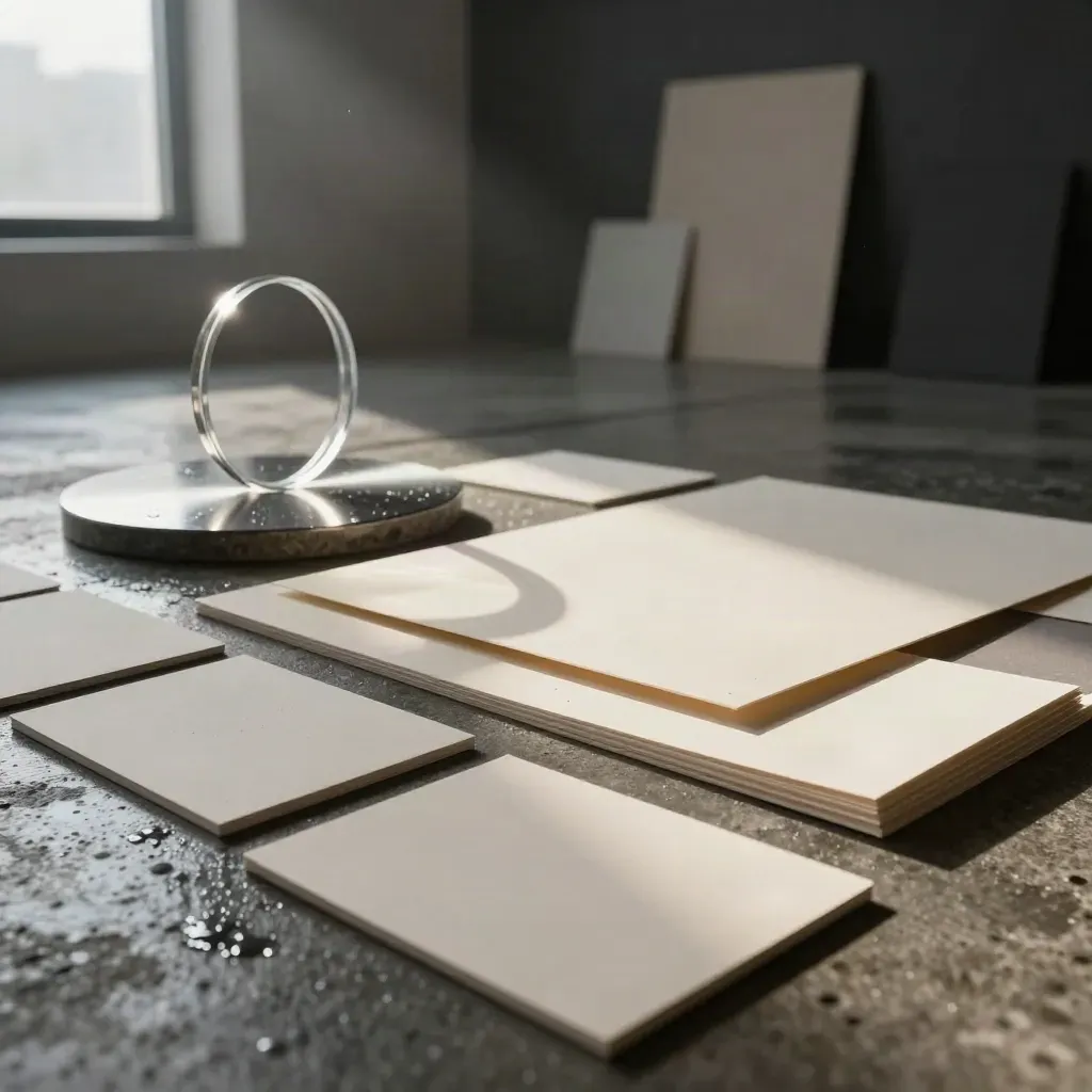 Inszenierte Markenwelt mit Boards, Karten, Acrylring und Steinplinthe im dramatischen Licht