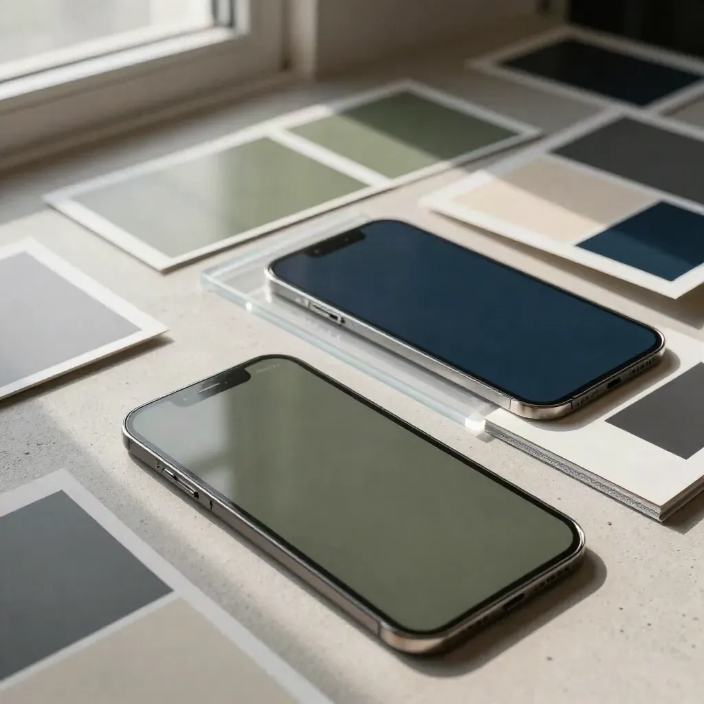 Schräg von oben: Bildkarten, Kontaktabzüge und eine Acryl-Phone-Schablone in Bewegung.