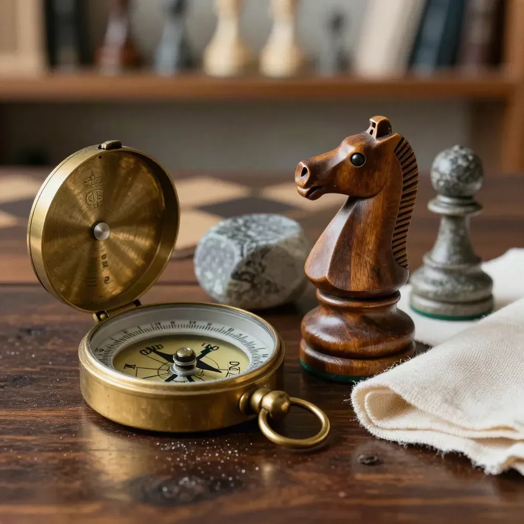 Brass-Kompass, Schachfigur, Stein und Leinenprobe auf dunklem Holz