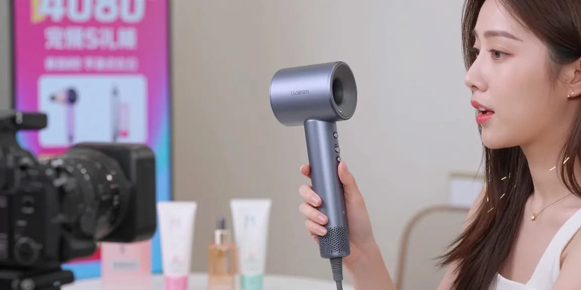 Laifen Föhn in Aktion bei einer Prime Day Präsentation mit ansprechendem Publikum und Beautyprodukten im Hintergrund.