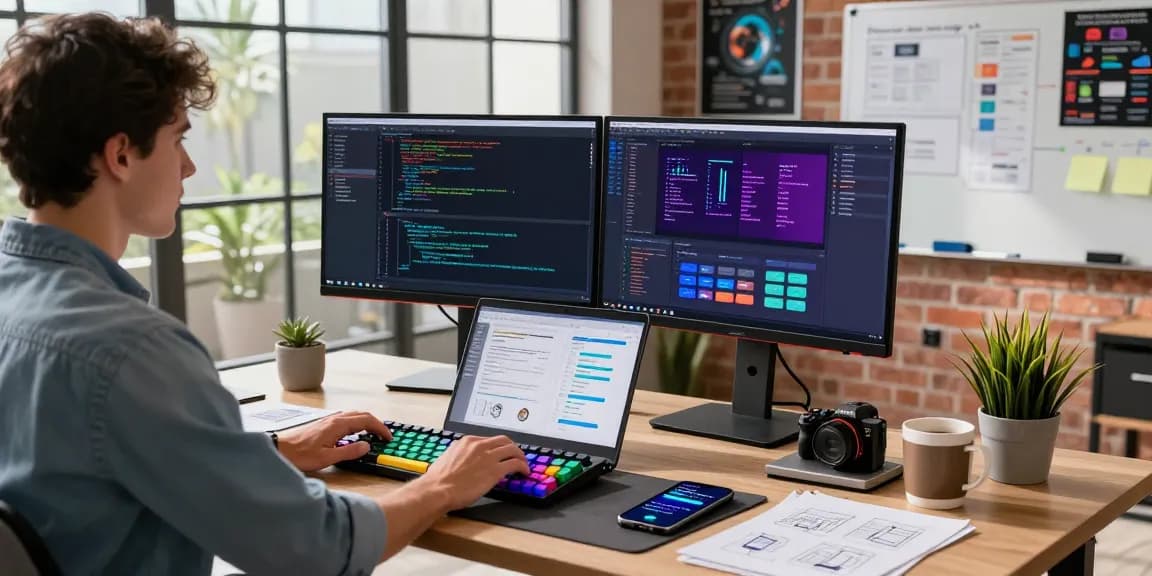 Developer analyzing code on https://sc88.chat/ at modern workspace with dual monitors and natural light.